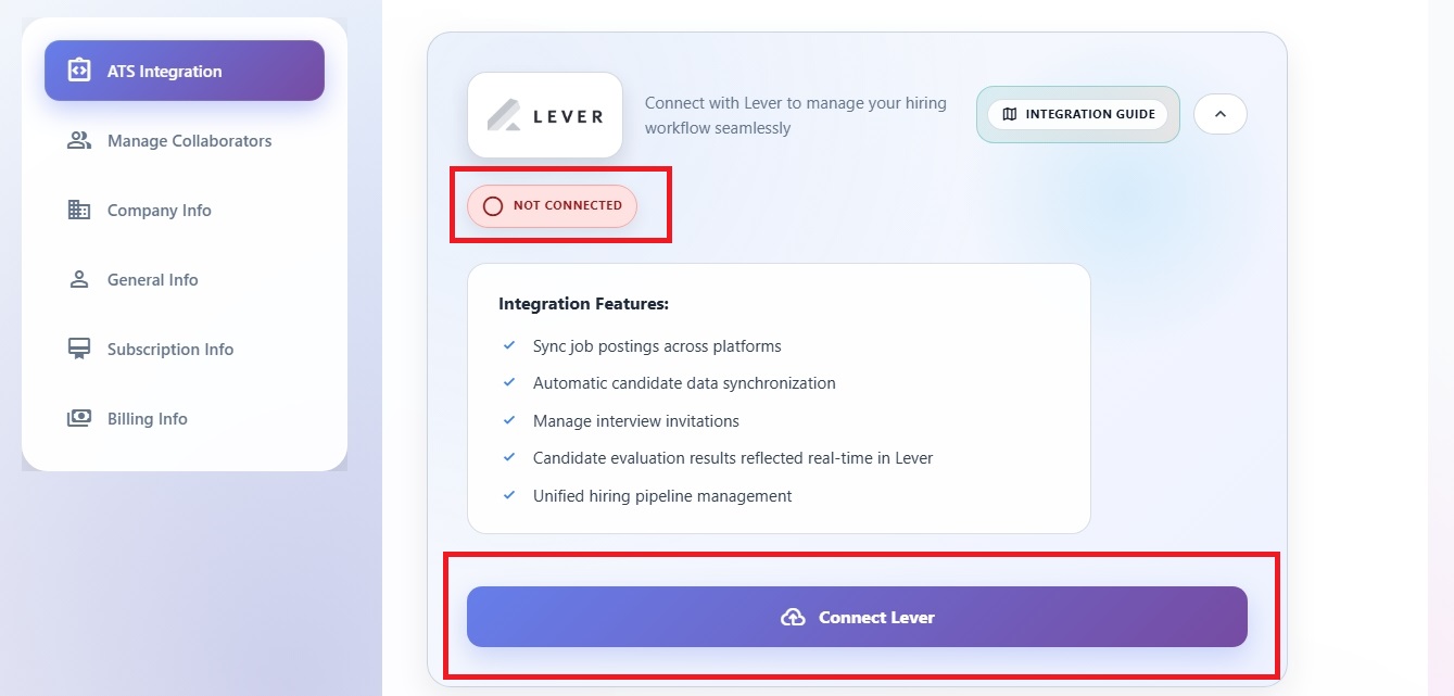 The ATS integration section in Hirevalu account settings, with the Connect Lever button