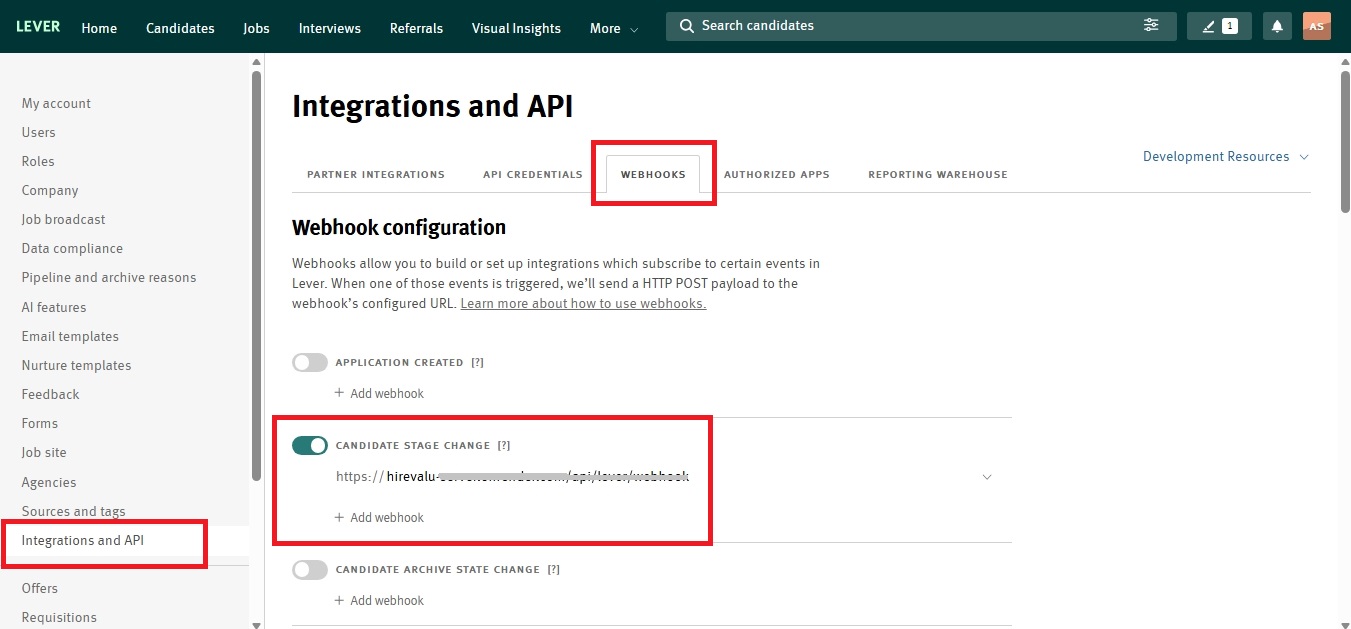The Webhooks panel in Lever with the Candidate stage change toggle enabled