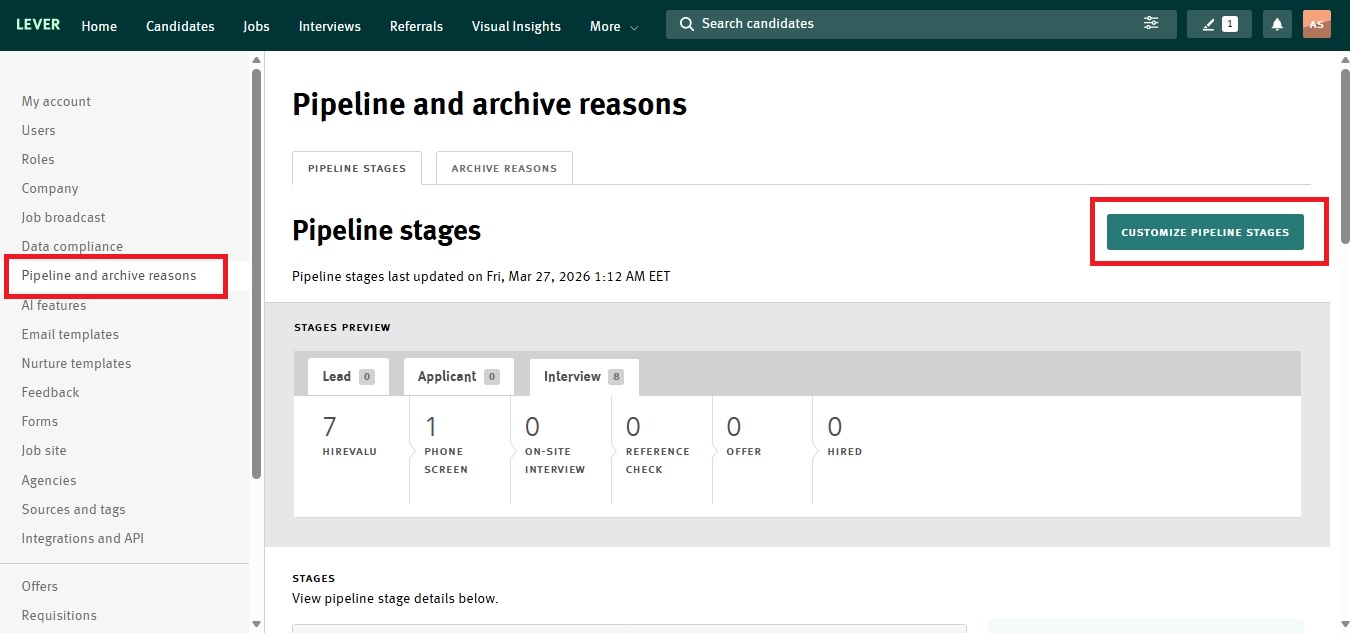 A Lever pipeline with a stage named Hirevalu added