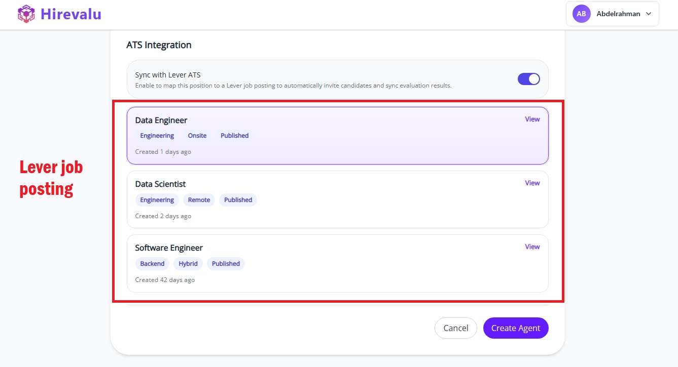 ATS sync enabled in Hirevalu with a Lever job posting selected